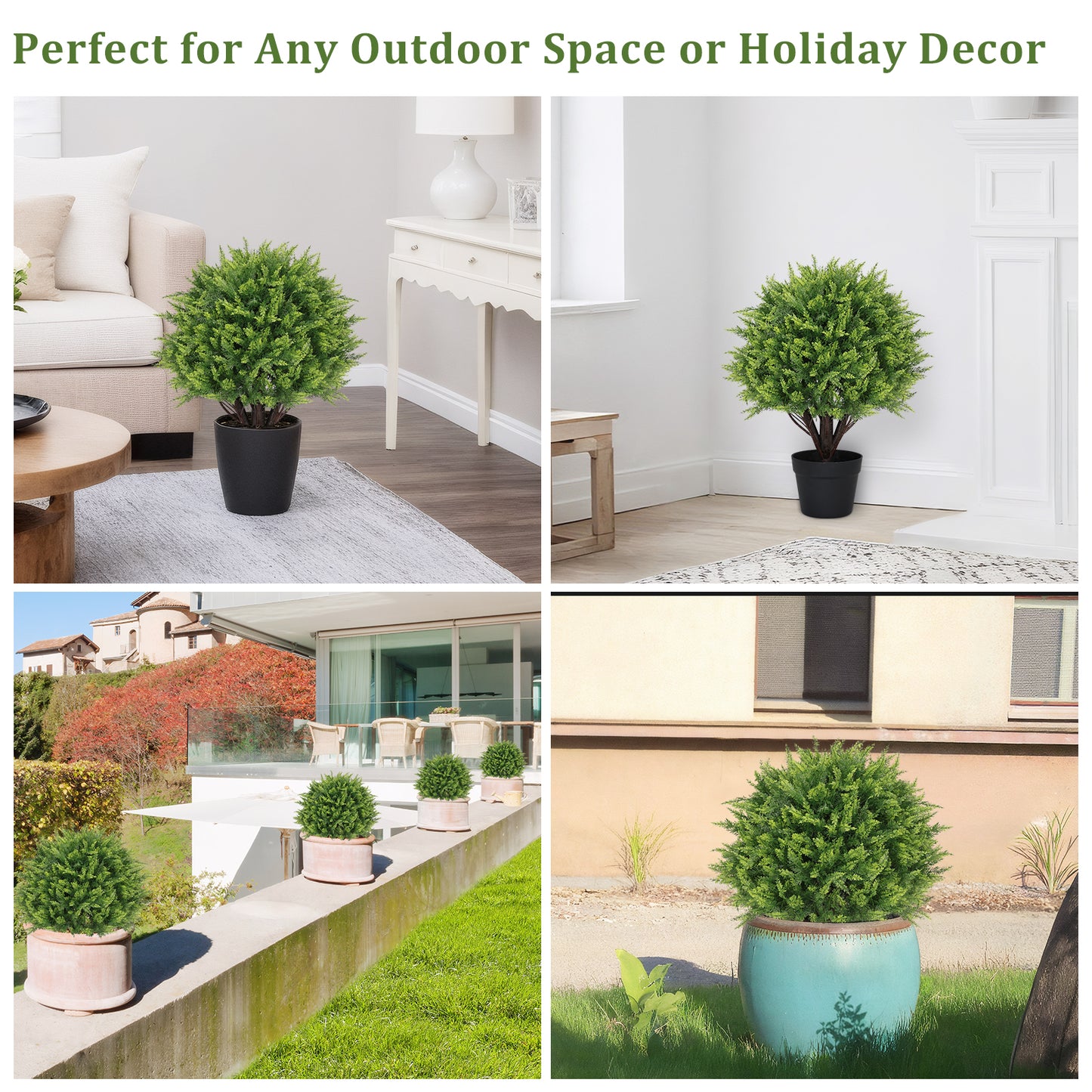 poetree 2-Pack 24" Artificial Cedar Topiary Balls with Potted, Fake Cedar Plants Artificial Shrubs Bushes Ball Tree for Front Door Porch Garden