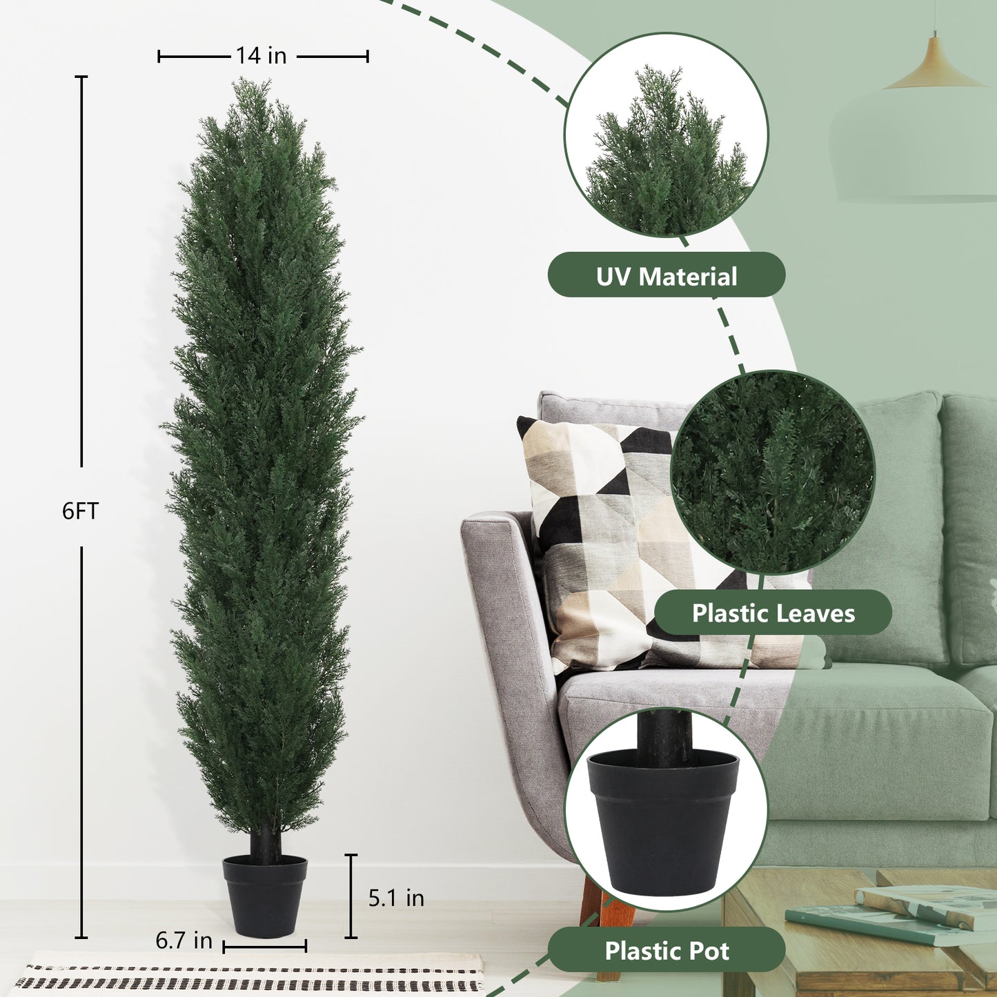 poetree 3/4/5/6ft Faux Cedar Plant in Pot,Artificial Topiary Cone Tree UV Resistant in Pot