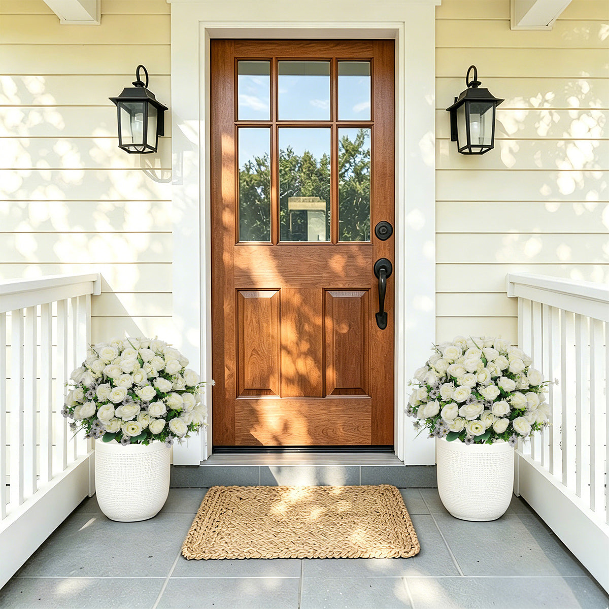 THE BLOOM TIMES 24" Artificial Rose Topiary Ball Trees, Potted Faux Flower Plants with Boxwood & Violets, Indoor Outdoor Front Porch, Entryway & Home Decor