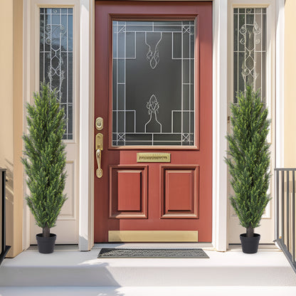THE BLOOM TIMES 3/4/5/6ft Faux Cedar Tree Topiary in Pot，Set of 2，Fake Tree for Home Outdoor/Indoor Decor