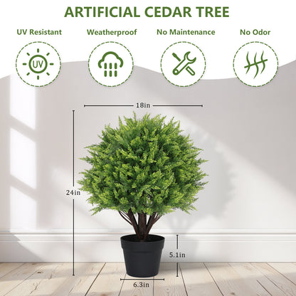 THE BLOOM TIMES 2-Pack 24" Artificial Cedar  Topiary Balls with Potted, Fake Cedar Plants Artificial Shrubs Bushes Ball Tree for Front Door Porch Garden