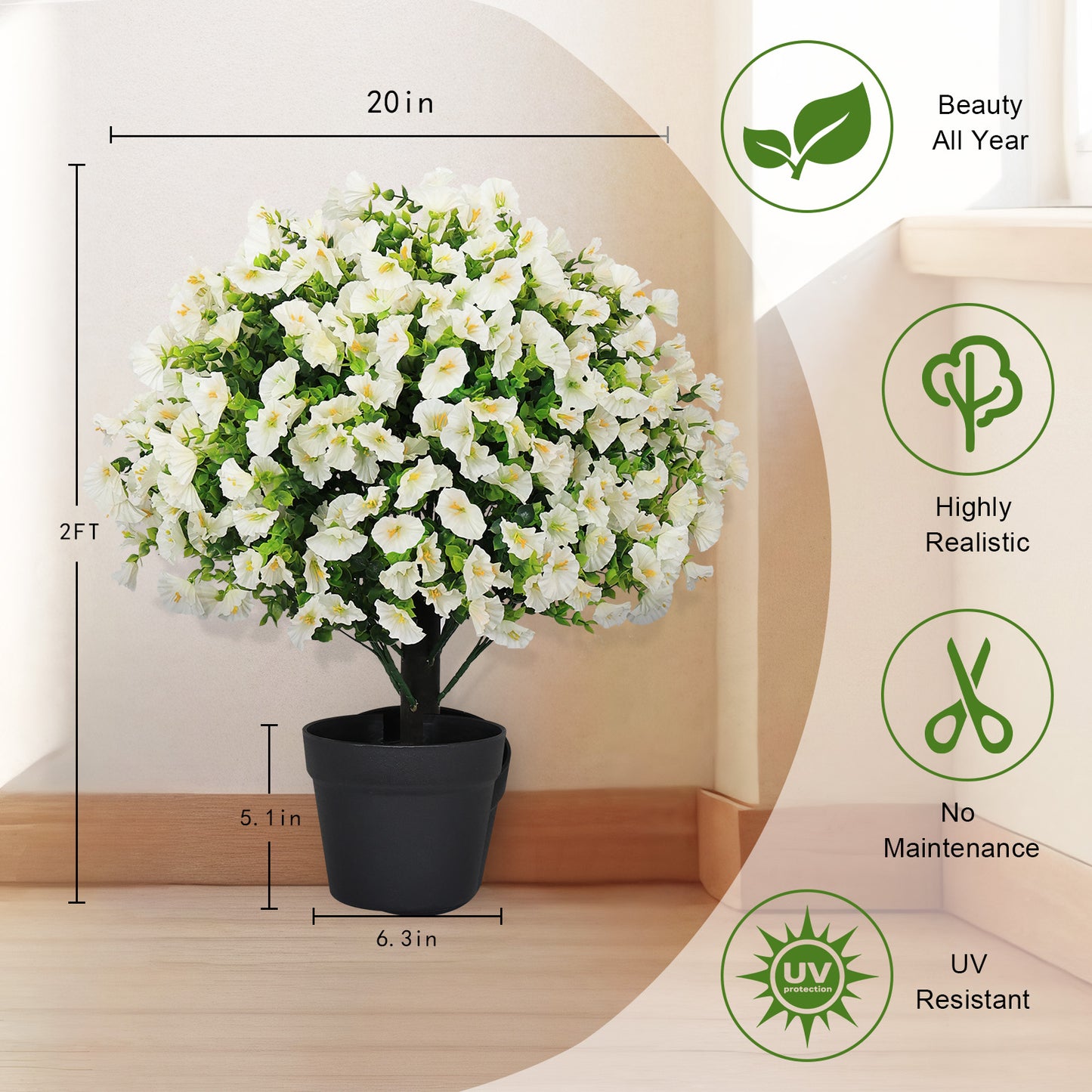 poetree 24" Artificial Morning Glory Plant in Black Pot – Faux Potted Petunia Flower for Spring Home Décor, Indoor/Outdoor Decorative Greenery