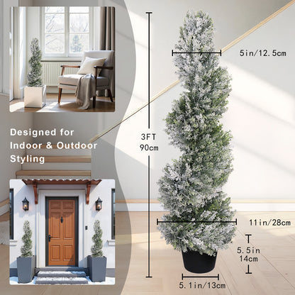 THE BLOOM TIMES poetree 3ft / 4ft Artificial Snow-Flocked Spiral Topiary Tree with Planter,Christmas Trees for Indoor and Outdoor, Boxwood or Cedar,Set of 2