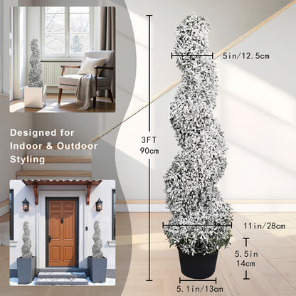 THE BLOOM TIMES poetree 3 ft./4 ft. Artificial Flocked Boxwood Spiral Topiary Trees with Planters for Outdoor & Indoor Christmas Decor, 2-Pack