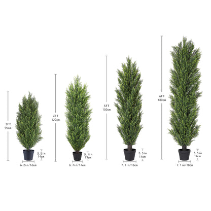 THE BLOOM TIMES 3/4/5/6ft Faux Cedar Tree Topiary in Pot，Set of 2，Fake Tree for Home Outdoor/Indoor Decor