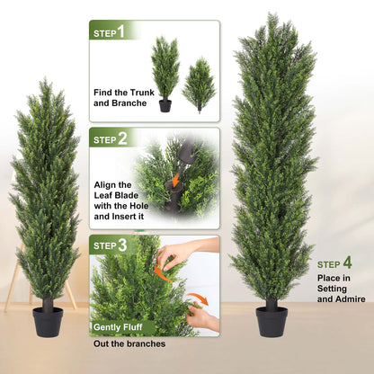 THE BLOOM TIMES 3/4/5/6ft Faux Cedar Tree Topiary in Pot，Set of 2，Fake Tree for Home Outdoor/Indoor Decor