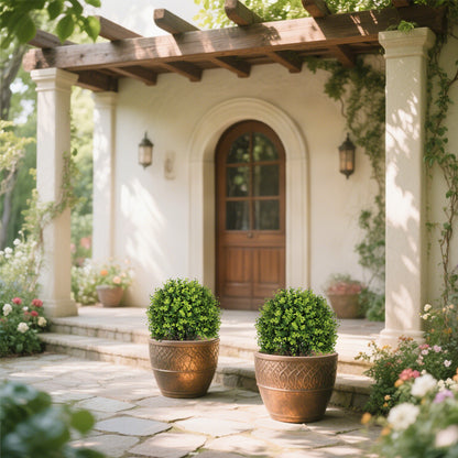 THE BLOOM TIMES 24" Artificial Boxwood/Cedar Topiary Ball Trees with Ground Stakes – Faux Shrubs for Outdoor and Indoor Home Décor, Set of 2