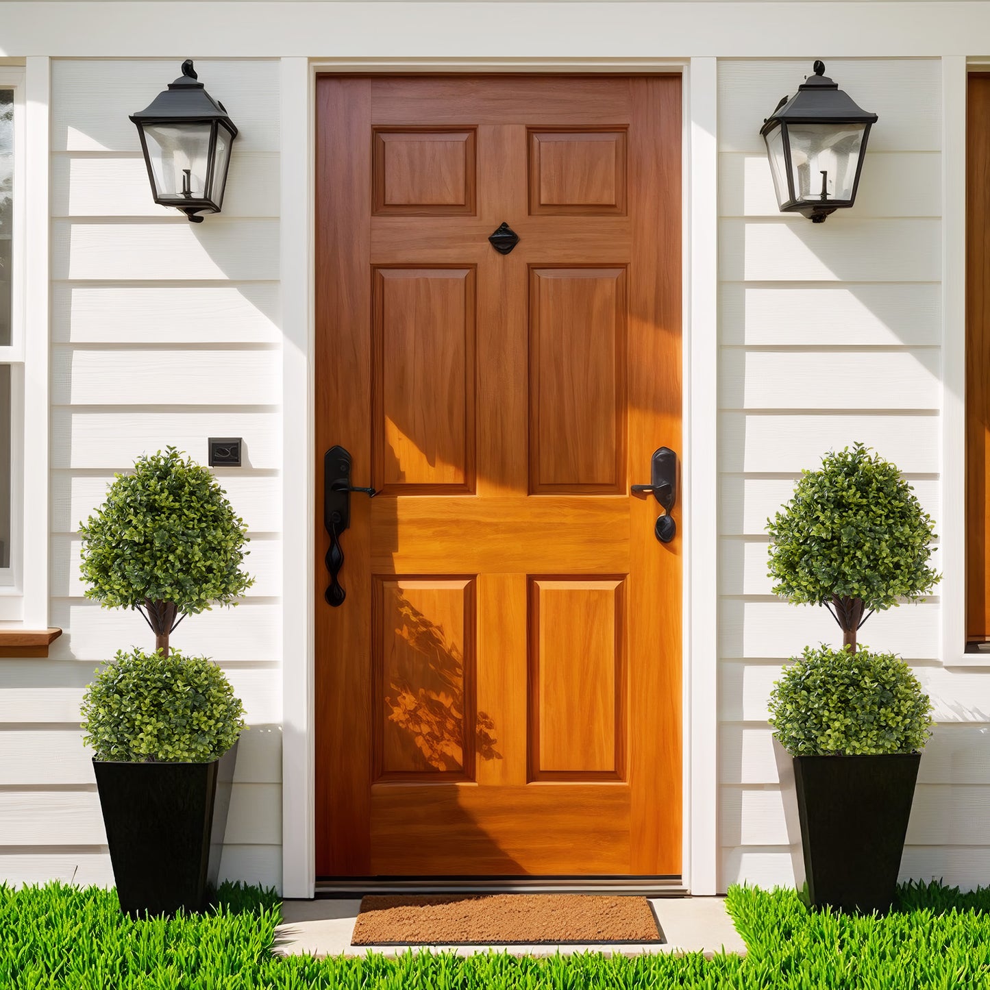 poetree 3.3ft Set of 2 Artificial Boxwood Topiary Ball Trees in Black Pots – Faux Potted Plants.