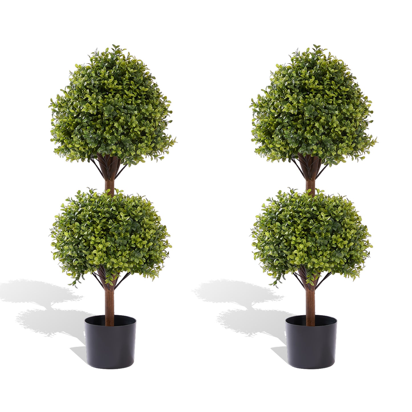 poetree 3.3ft Set of 2 Artificial Boxwood Topiary Ball Trees in Black Pots – Faux Potted Plants.