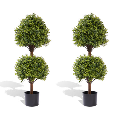 THE BLOOM TIMES 3.3ft Set of 2 Artificial Boxwood Topiary Ball Trees in Black Pots – Faux Potted Plants.