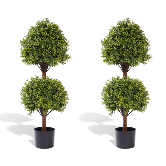 poetree 3.3ft Set of 2 Artificial Boxwood Topiary Ball Trees in Black Pots – Faux Potted Plants.