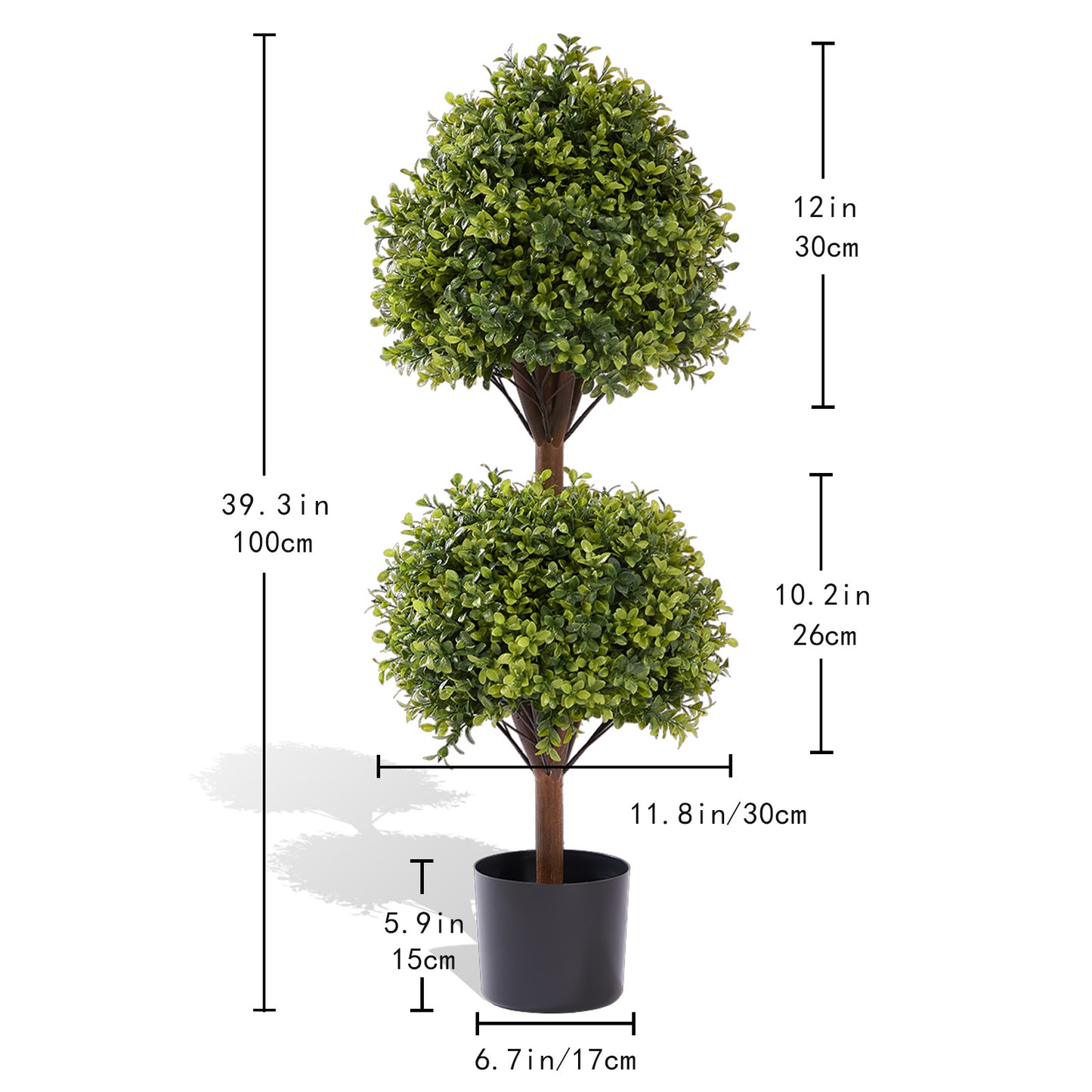 poetree 3.3ft Set of 2 Artificial Boxwood Topiary Ball Trees in Black Pots – Faux Potted Plants.