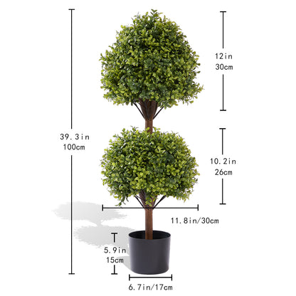 THE BLOOM TIMES 3.3ft Set of 2 Artificial Boxwood Topiary Ball Trees in Black Pots – Faux Potted Plants.