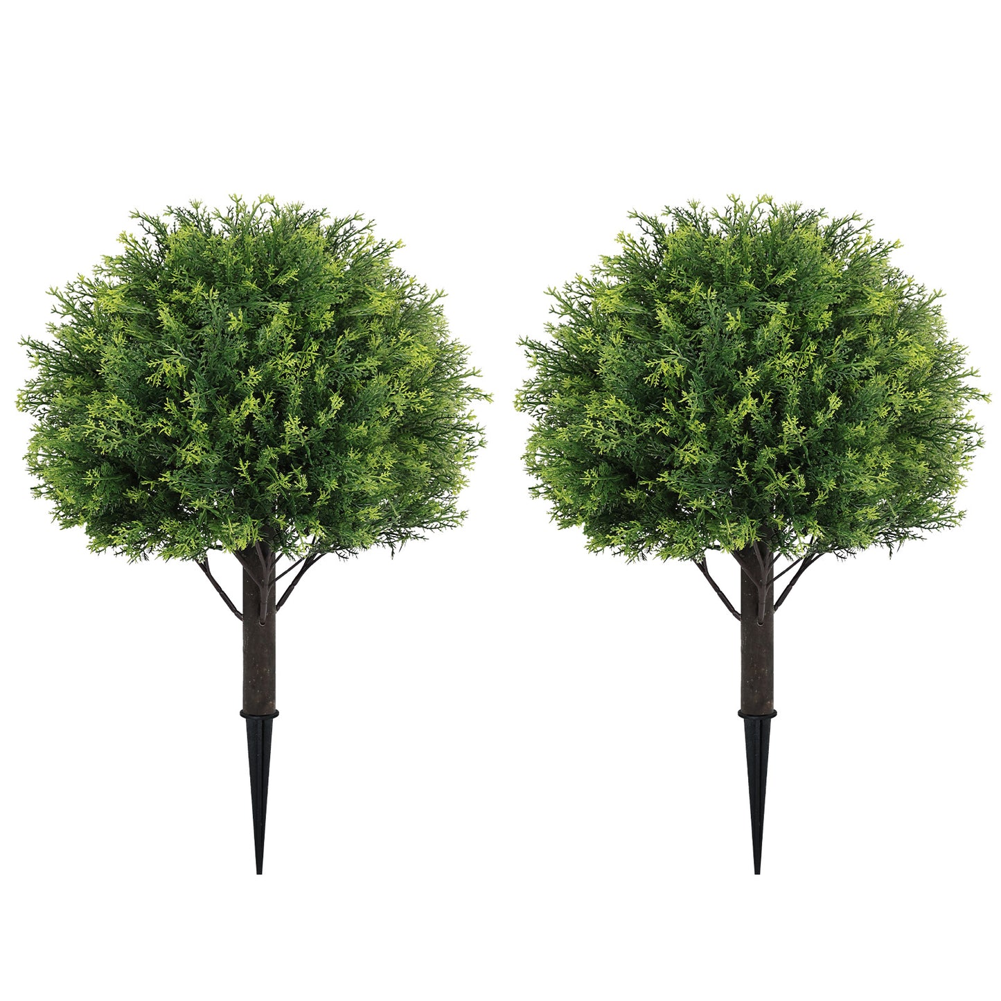 poetree 24" Artificial Boxwood/Cedar Topiary Ball Trees with Ground Stakes – Faux Shrubs for Outdoor and Indoor Home Décor, Set of 2